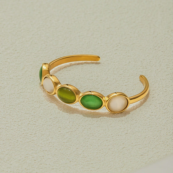 Jewelry Stainless Steel Open Bracelet With Green White Cat's Eye Stone Luxury Quiet And Elegant Design Geometric Electroplating