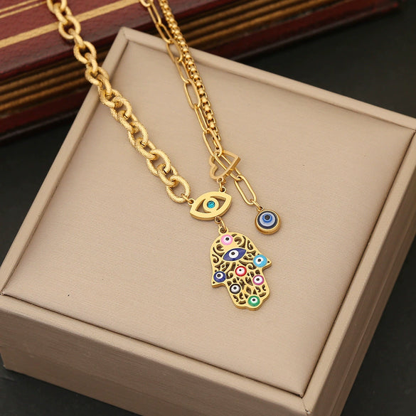 Jewelry Stainless Steel Palm Oil Drop Eye Pendant Cross Chain Set For Women With Personality Style