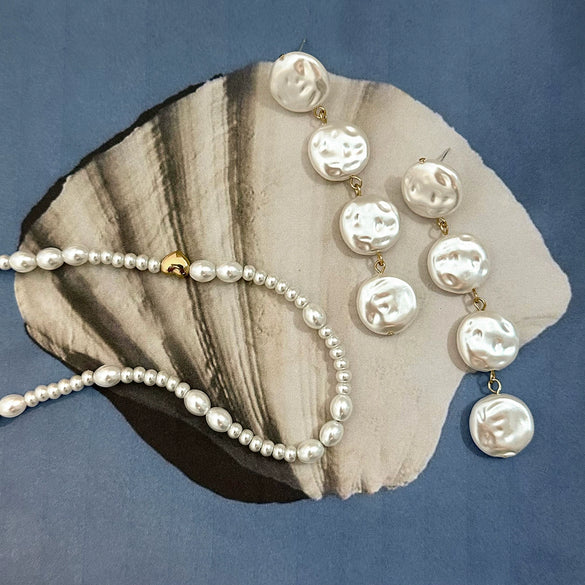 Jewelry Stainless Steel Pearl Button Pendant Earrings Retro Light Luxury Geometric Electroplating