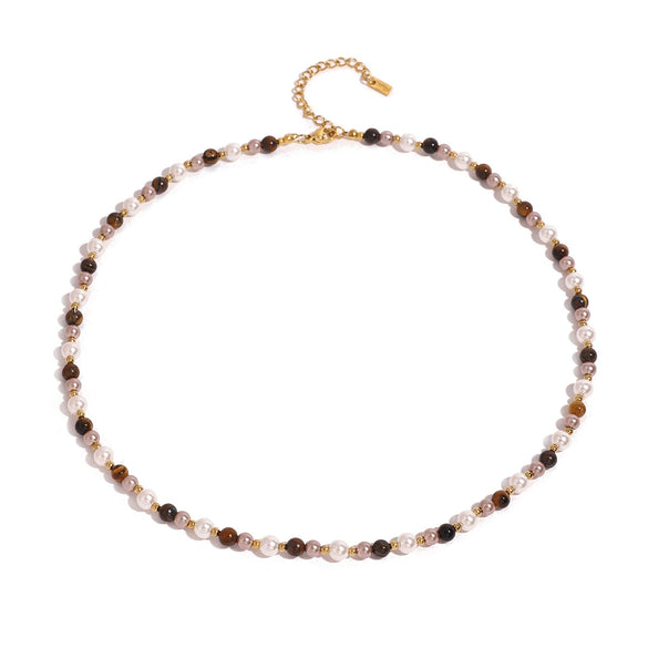 Jewelry Stainless Steel Pearl Tiger Eye Stone Geometric Ball Chain Necklace With Electroplating