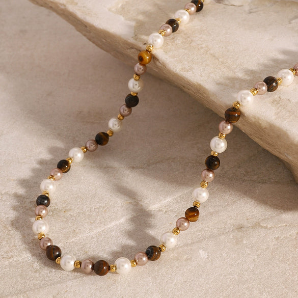 Jewelry Stainless Steel Pearl Tiger Eye Stone Geometric Ball Chain Necklace With Electroplating