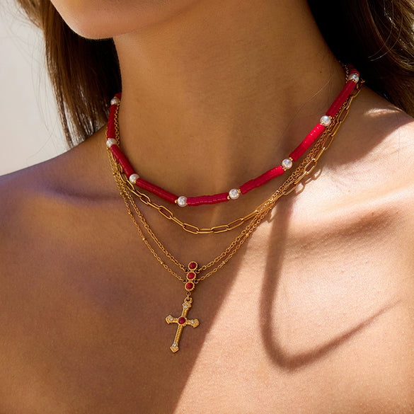 Jewelry Stainless Steel Red Turquoise Cross Pendant Necklace With O Word Chain Electroplating