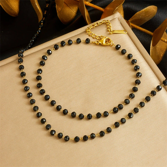 Jewelry Stainless Steel Resin Black Bead Chain Necklace Bracelet Retro Bohemian Style Electroplating For Women