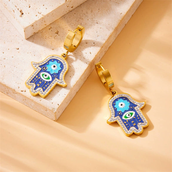 Jewelry Stainless Steel Retro Diamond Oil Palm Electroplating Box Chain Earrings Necklaces Bracelet Set For Women
