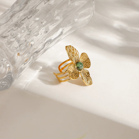 Jewelry Stainless Steel Ring Natural Stone Fourpetal Flowers Exaggerated Inlay African Turquoise French Vintage Quiet Design Geometric Electroplating