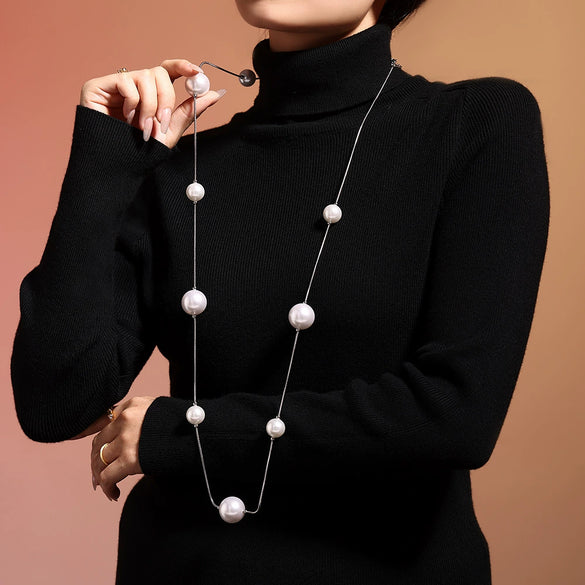 Jewelry Stainless Steel Shell Beads Light Luxury Geometric Pvd Electroplated Sweater Chain For Women