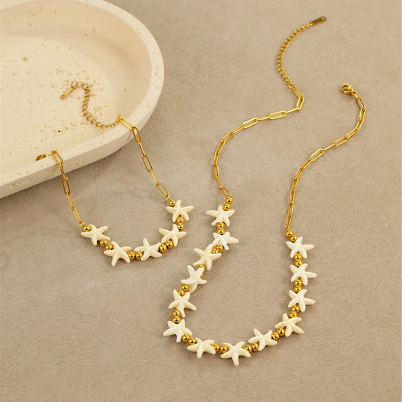 Jewelry Stainless Steel Shell Necklace And Clavicle Chain Bracelet With Star And Geometric Pattern Electroplated For Women