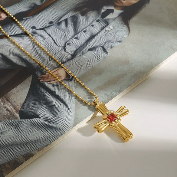 Jewelry Stainless Steel Snake Bone Chain Necklace With Geometric Flower Cross Pendant And Electroplating