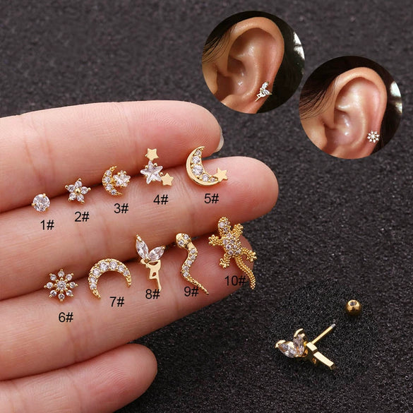 Jewelry Stainless Steel Thin Rod Screw Earrings Zircon Cartilage Earrings With Animals Zodiac Pattern Inlaid Zircon For Women
