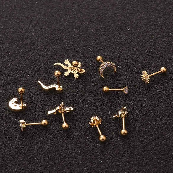 Jewelry Stainless Steel Thin Rod Screw Earrings Zircon Cartilage Earrings With Animals Zodiac Pattern Inlaid Zircon For Women