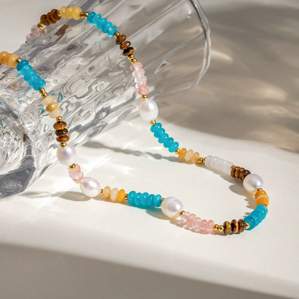 Jewelry Stainless Steel Titanium Steel Natural Stone Pearl Tiger Eye Color Crystal Geometric Electroplated Necklace