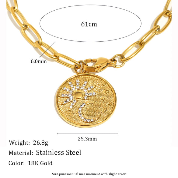 Jewelry Stainless Steel Titanium Steel Plated 18K Gold Geometric Star Moon Sun Coin Pendant Necklace Women's Versatile Minimalist