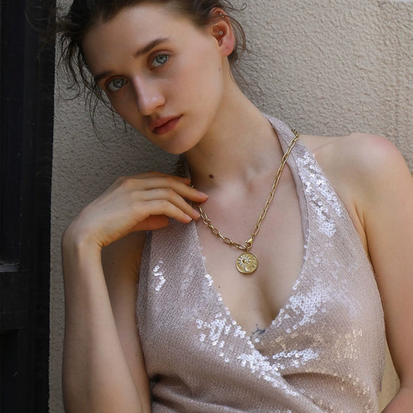 Jewelry Stainless Steel Titanium Steel Plated 18K Gold Geometric Star Moon Sun Coin Pendant Necklace Women's Versatile Minimalist