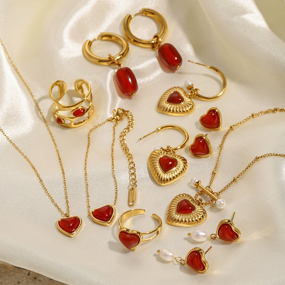 Jewelry Stainless Steel Titanium Steel Red Agate Love Shape Electroplating O Chain Pendant Earrings Ring