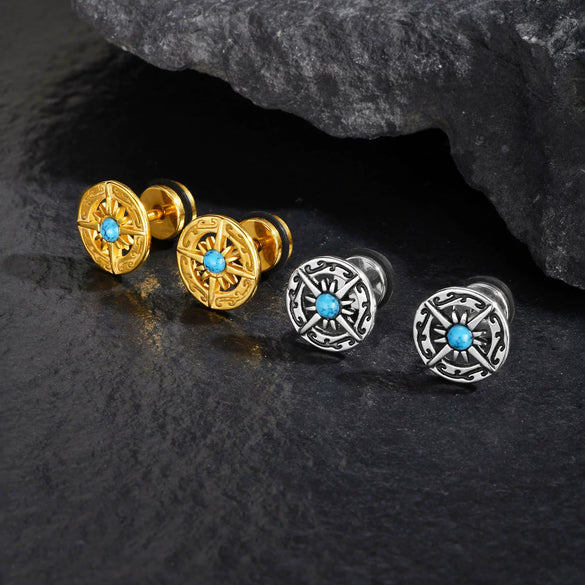 Jewelry Stainless Steel Turquoise Compass Retro Geometric Electroplated Men's Earrings
