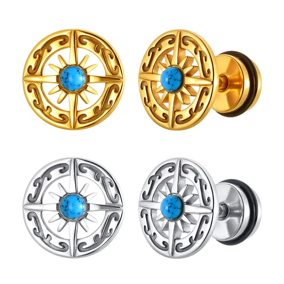Jewelry Stainless Steel Turquoise Compass Retro Geometric Electroplated Men's Earrings