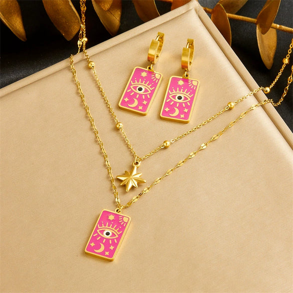 Jewelry Stainless Steel Vintage Square Earrings And Necklaces With Stars Sun Moon Clouds Cosmic Patterns Electroplated For Women