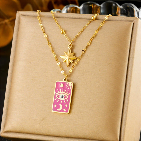 Jewelry Stainless Steel Vintage Square Earrings And Necklaces With Stars Sun Moon Clouds Cosmic Patterns Electroplated For Women