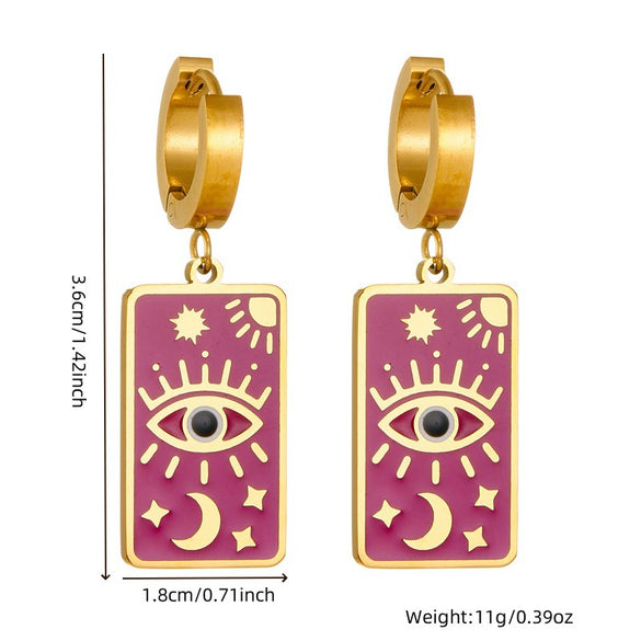 Jewelry Stainless Steel Vintage Square Earrings And Necklaces With Stars Sun Moon Clouds Cosmic Patterns Electroplated For Women