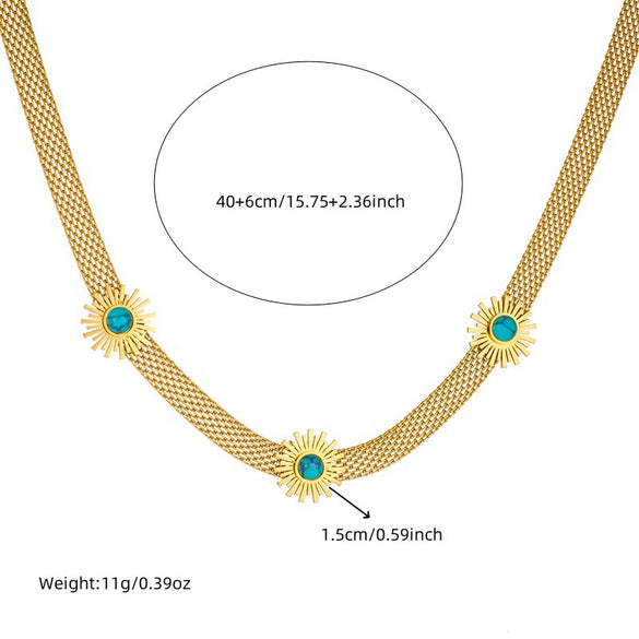 Jewelry Stainless Steel Woven Soft Chain Sunflower With Blue Turquoise Electroplated Bracelet Earrings Necklace For Women