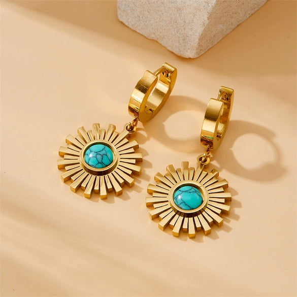 Jewelry Stainless Steel Woven Soft Chain Sunflower With Blue Turquoise Electroplated Bracelet Earrings Necklace For Women