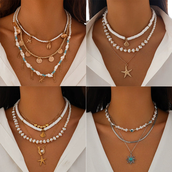 Jewelry Starfish Imitation Pearl Alloy Geometric Niche Multi Layer Clavicle Chain Electroplated