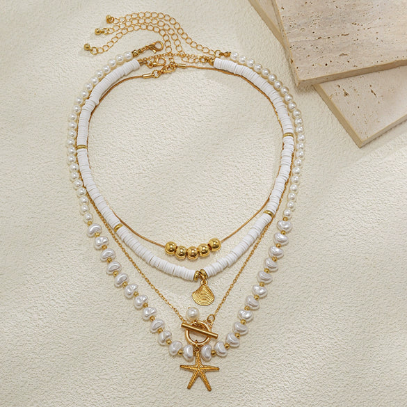 Jewelry Starfish Imitation Pearl Alloy Geometric Niche Multi Layer Clavicle Chain Electroplated