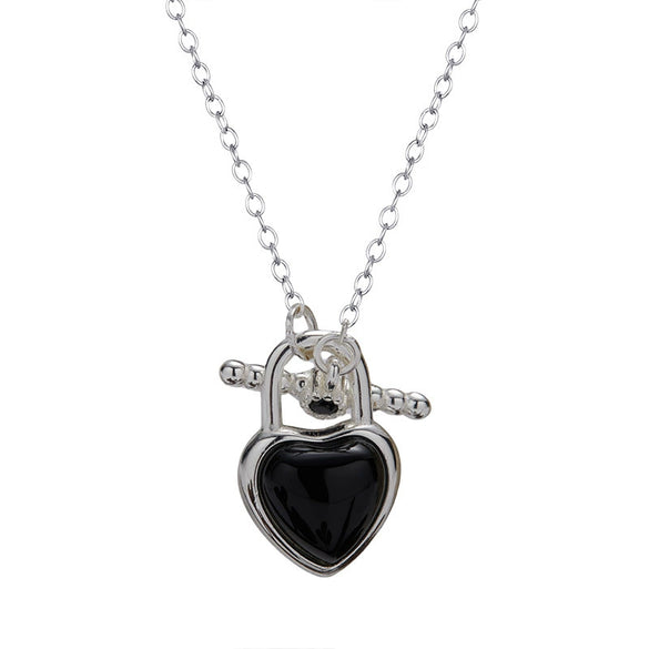 Jewelry 925 Sterling Silver Inlaid Natural Black Agate Heart Shape Love Necklace For Women