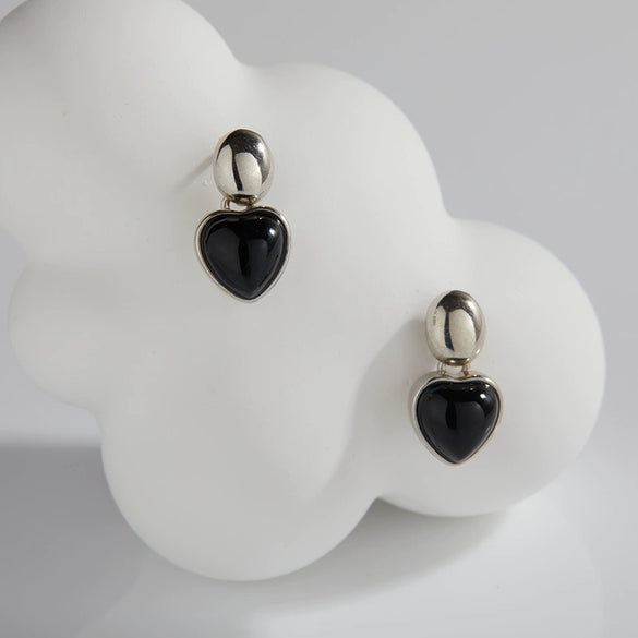 Jewelry 925 Sterling Silver Inlaid Natural Black Agate Heart Shape Love Necklace For Women