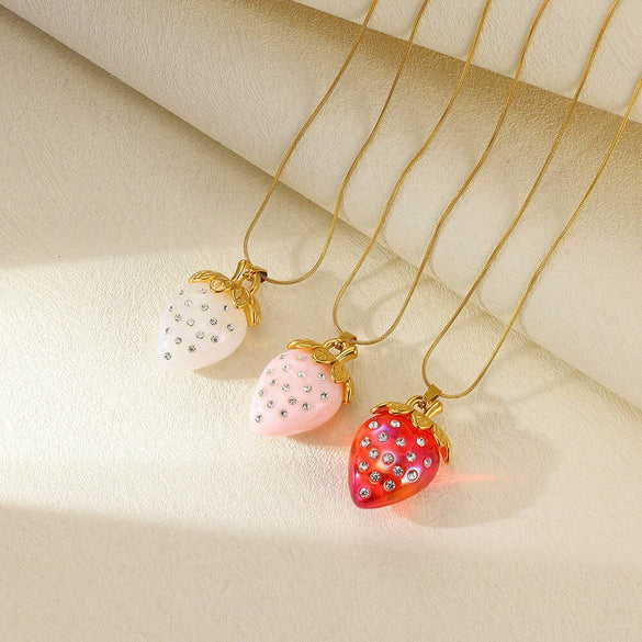 Jewelry Strawberry Fruit Pendant Stainless Steel Necklace Electroplated Cross Chain