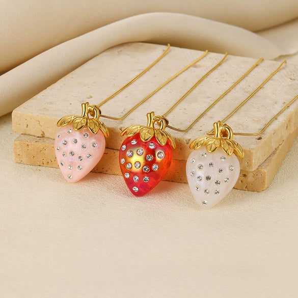 Jewelry Strawberry Fruit Pendant Stainless Steel Necklace Electroplated Cross Chain