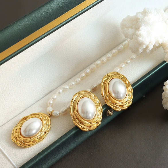 Jewelry Suit Freshwater Pearl 316L Stainless Steel Gold Plated Embossed Oval Retro Style