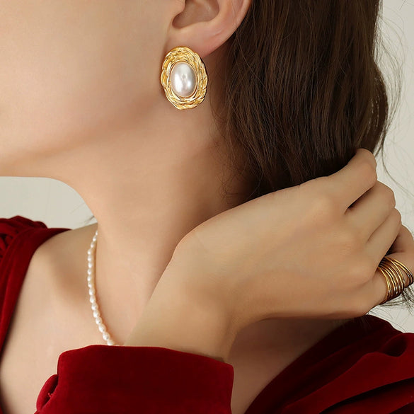Jewelry Suit Freshwater Pearl 316L Stainless Steel Gold Plated Embossed Oval Retro Style