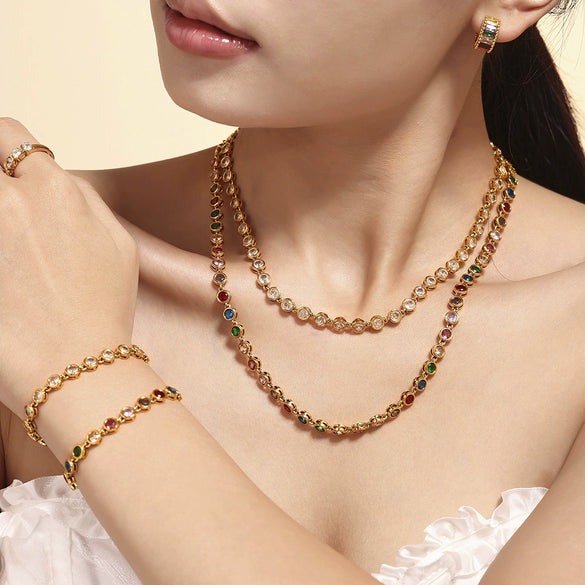 Jewelry Suit 316L Stainless Steel Chain Pattern Mixed Color 3A Zircon Pvd Vacuum Plating Bracelet And Necklace