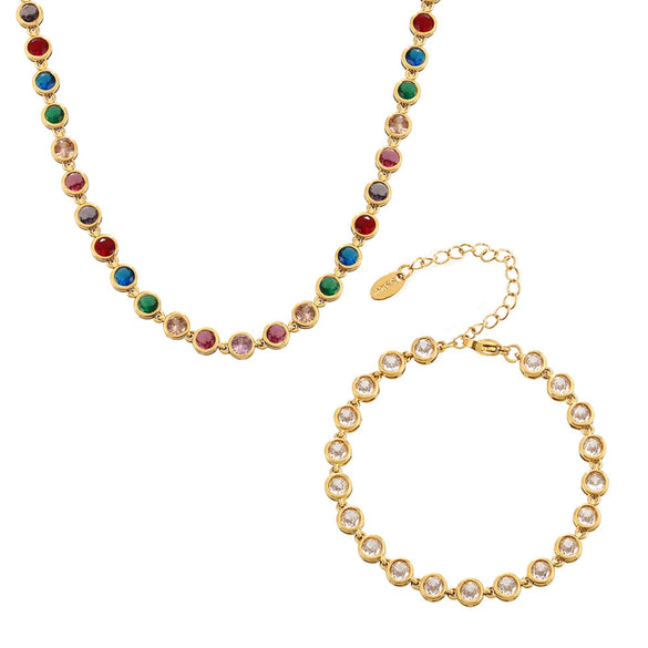 Jewelry Suit 316L Stainless Steel Chain Pattern Mixed Color 3A Zircon Pvd Vacuum Plating Bracelet And Necklace