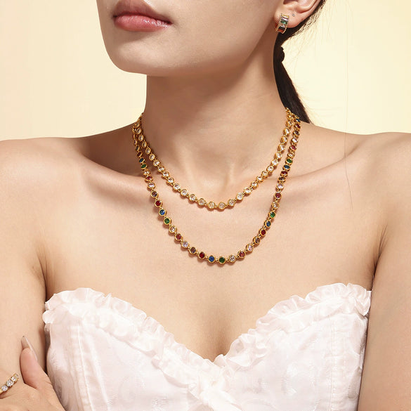 Jewelry Suit 316L Stainless Steel Chain Pattern Mixed Color 3A Zircon Pvd Vacuum Plating Bracelet And Necklace