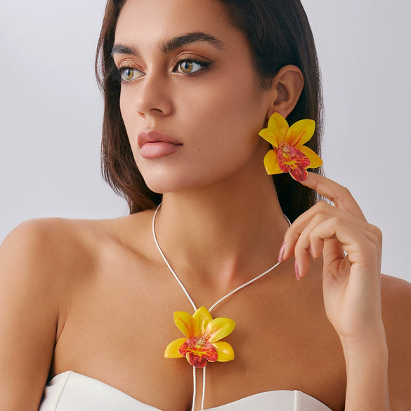 Jewelry Sweet Style Flower Leather Wax Thread Handmade Necklace And Earrings