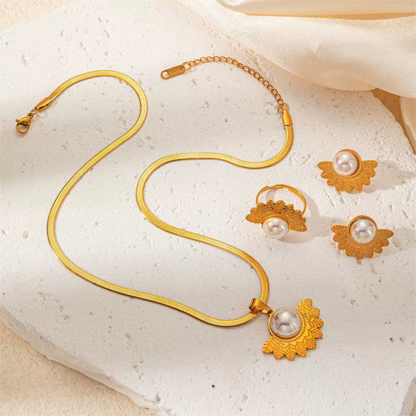 Jewelry Threepiece Set Retro Baroque Style Stainless Steel Pearl Titanium Steel Leaf Electroplated