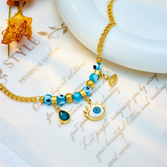 Jewelry Titanium Steel Beaded Blue Eyes Water Drop Pendant Bracelet Electroplated