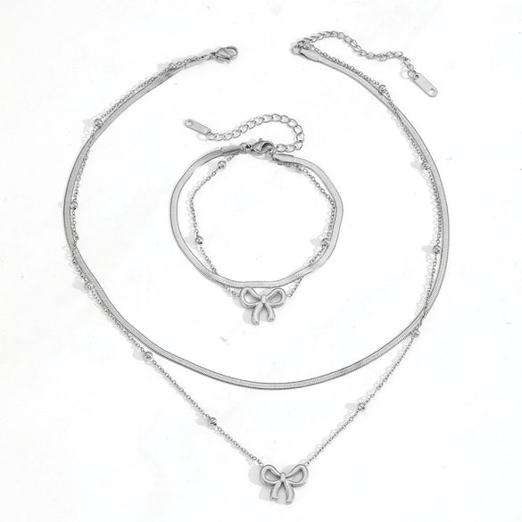 Jewelry Titanium Steel Beaded Double Blade Bow Set With Diamonds For Women