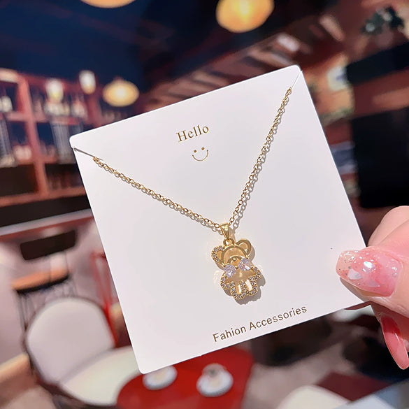 Jewelry Titanium Steel Bear Geometric Mixed Gem Inlay Diamond Necklace For Women