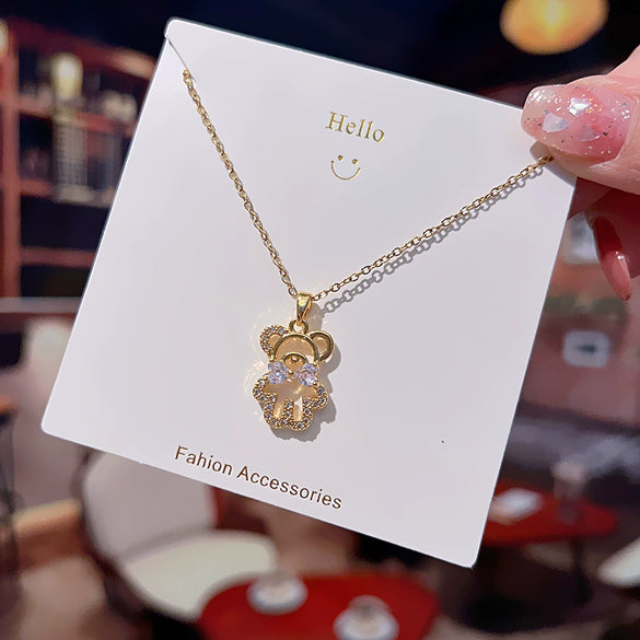 Jewelry Titanium Steel Bear Geometric Mixed Gem Inlay Diamond Necklace For Women