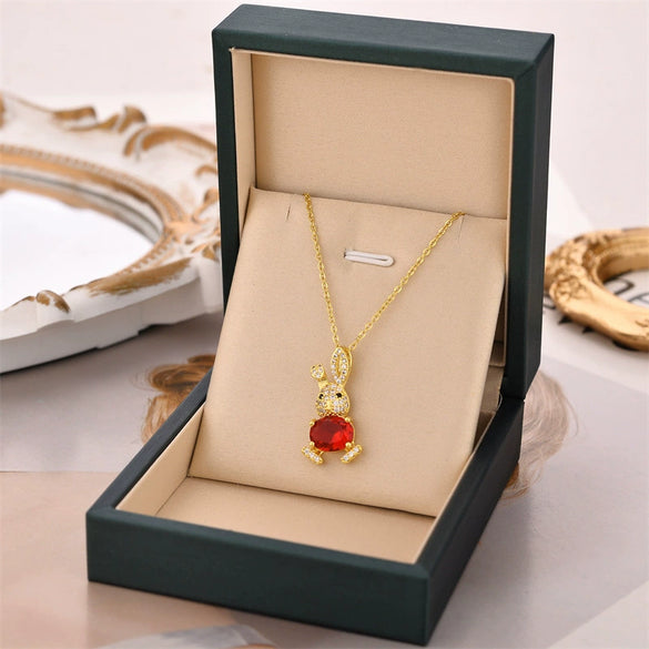 Jewelry Titanium Steel Bunny Ruby Pendant Necklace With Geometric Style Electroplating And Mixed Gem Inlay Ochain For Women