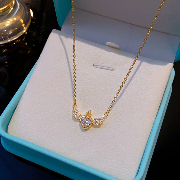 Jewelry Titanium Steel Copper Geometric Angel Wings Crown Love Pendant Necklace For Women Light Luxury Diamond Design