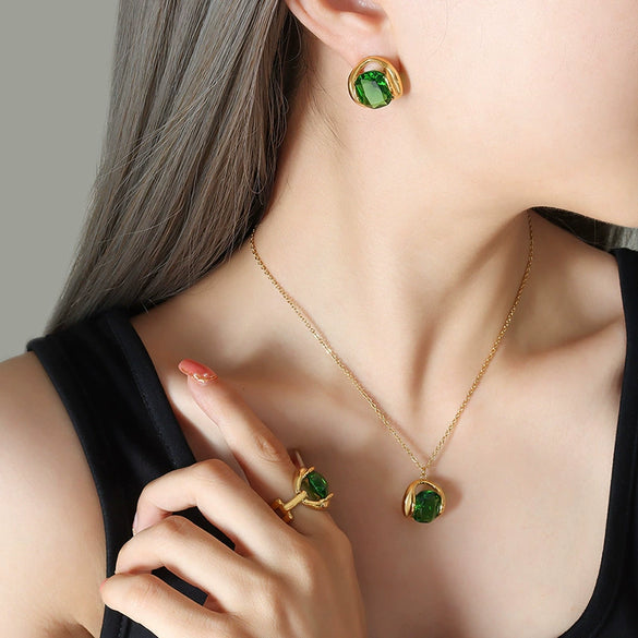 Jewelry 316L Stainless Steel Crystal Pendant Necklace Earrings Suit With Geometric Style And Inlay Process