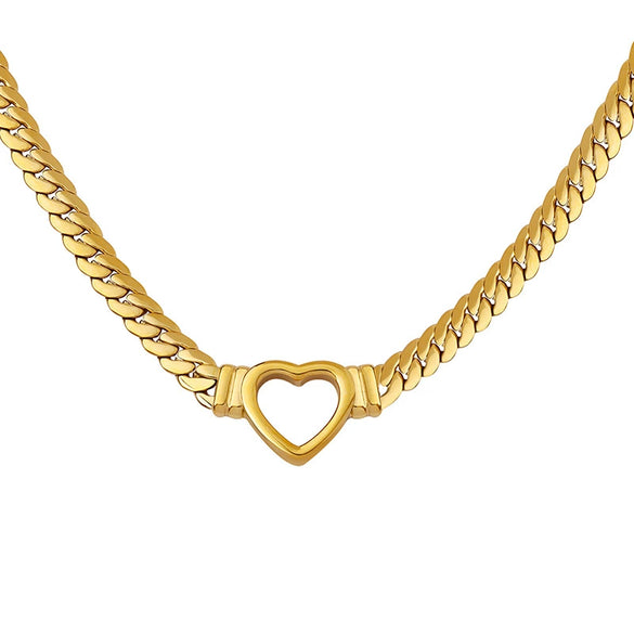 Jewelry 316L Stainless Steel Cuban Chain Heart Ring With Geometric Pattern 18K Gold Plated Punk Style
