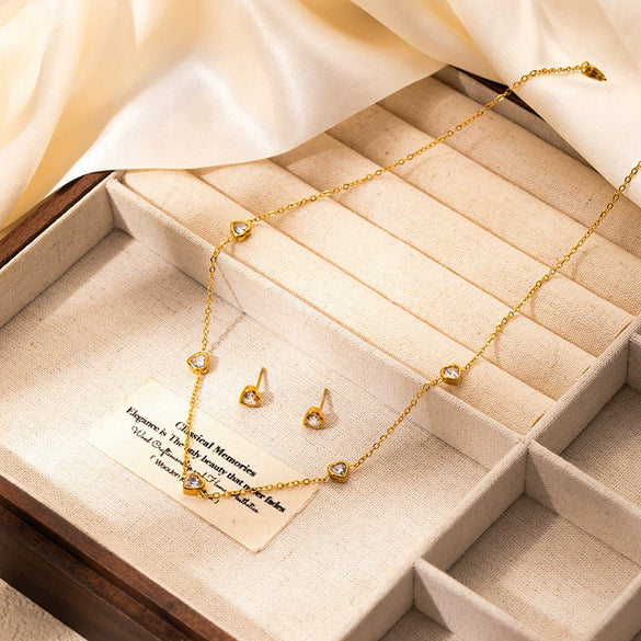 Jewelry Titanium Steel Diamondencrusted Love Necklace Earrings Bracelet Set For Women