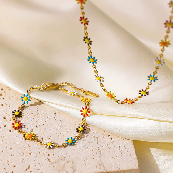 Jewelry Titanium Steel Flower Painted Oil Dripping Electroplating Women's Bracelet Necklace