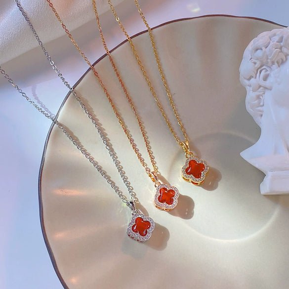 Jewelry Titanium Steel Fourleaf Clover Mixed Gem Inlay Diamond Clavicle Chain For Women