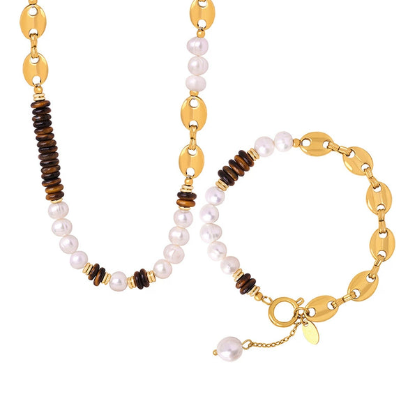 Jewelry 316L Stainless Steel Freshwater Pearl Tiger Eye Stone Pig Nose Chain Necklace Bracelet Suit Electroplated Simple Natural Unisex